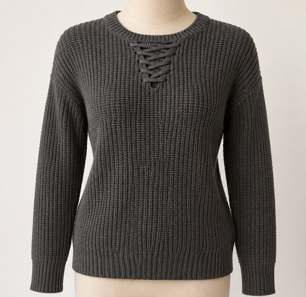 Pink Rose Gray Solid Lace-Up Crewneck Waffle-Knit Pullover Sweater Women S